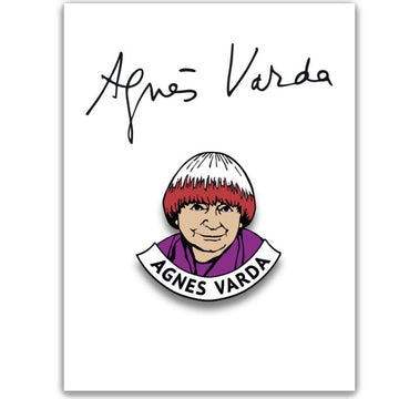 Illustration of Agnes Varda with her signature on a white background